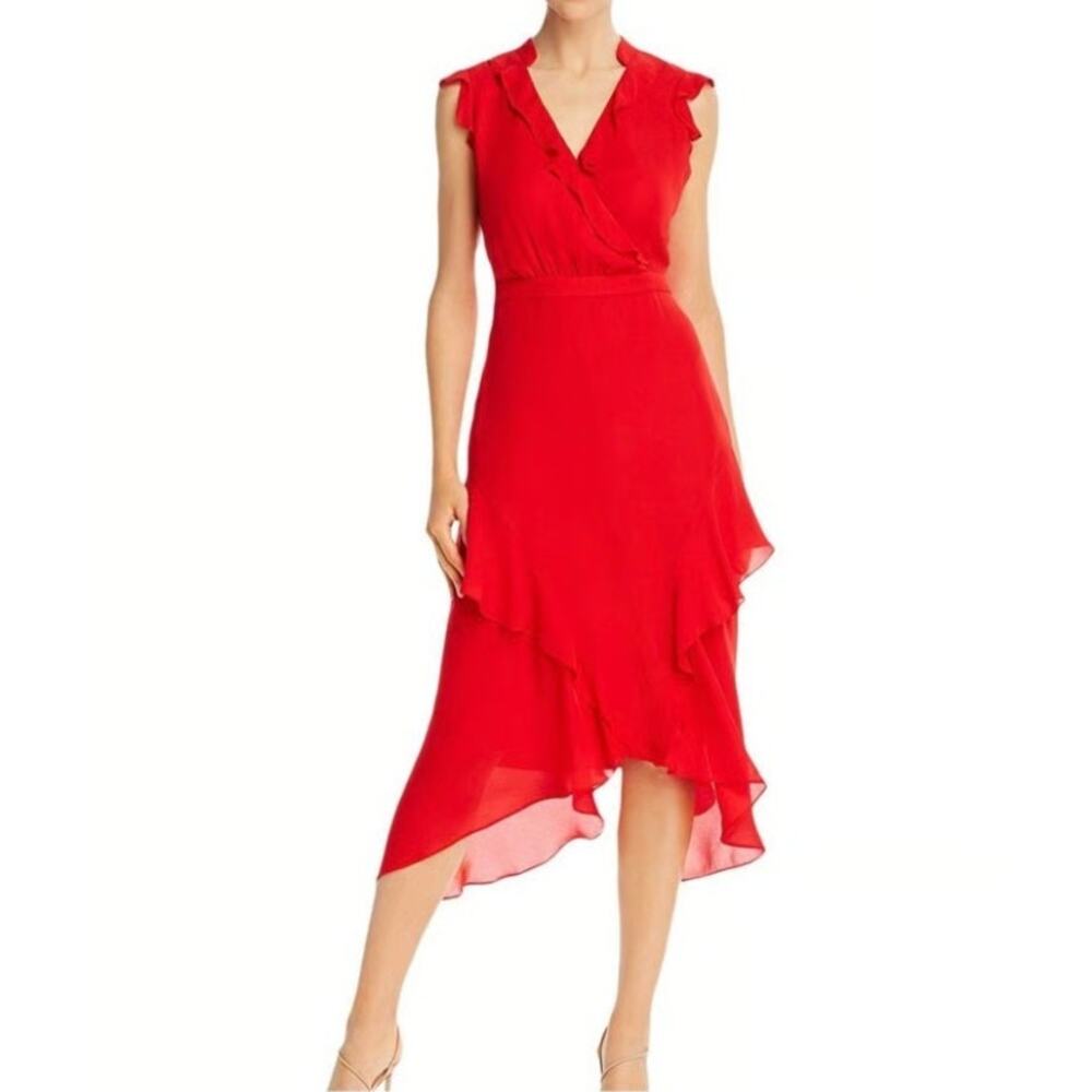 Parker Silk Asymmetrical Ruffle Dress Size 2 Red Sleeveless Wrap Style Midi Chic